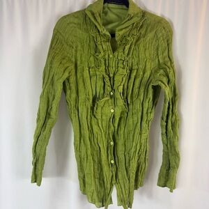 Luisa Cerano Green Crinkled Button-Up Blouse USA 14    43 % silk